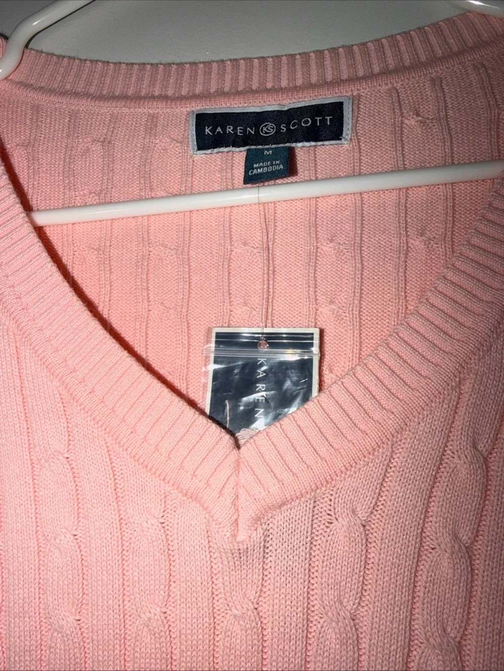 Karen Scott Bubblegum Pink V-Neck Cable Knit Sweater